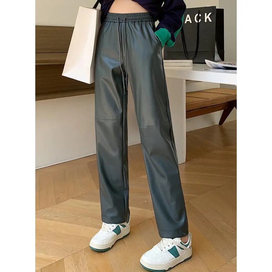 Drawstring PU Leather Trousers Women Elastic Waist Straight Faux Leather Pants
