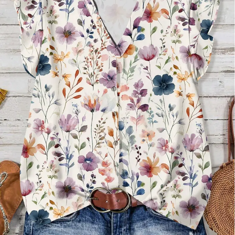 Women's Floral Pattern Casual Vintage Blouse Shirt, Loose-Fitting Design, Perfect for Summer Wear, Stylish Daily Option, Clothing, Womenswear
