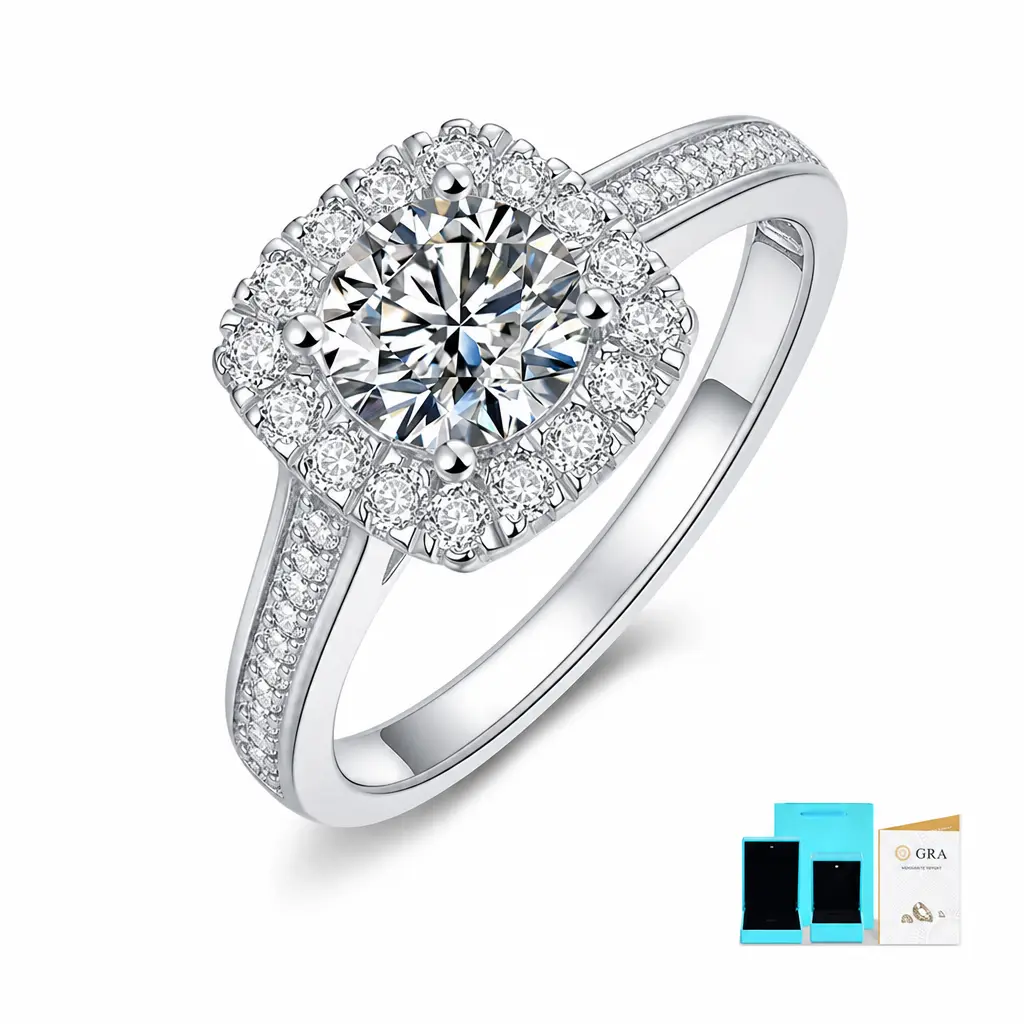 6.5mm Round Moissanite Cushion Halo Ring, 925 Sterling Silver with 18K White Gold Plating, Pavé Accent Ring with Gift Box & Moissanite Report