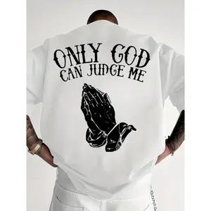 Men'S "Only God Can Judge Me" Graphic T-Shirt - Casual Crew Neck, Loose Fit, Short Sleeve Top, Polyester, Beige with Praying Hands Design, Spring/Summer Outdoor Wea