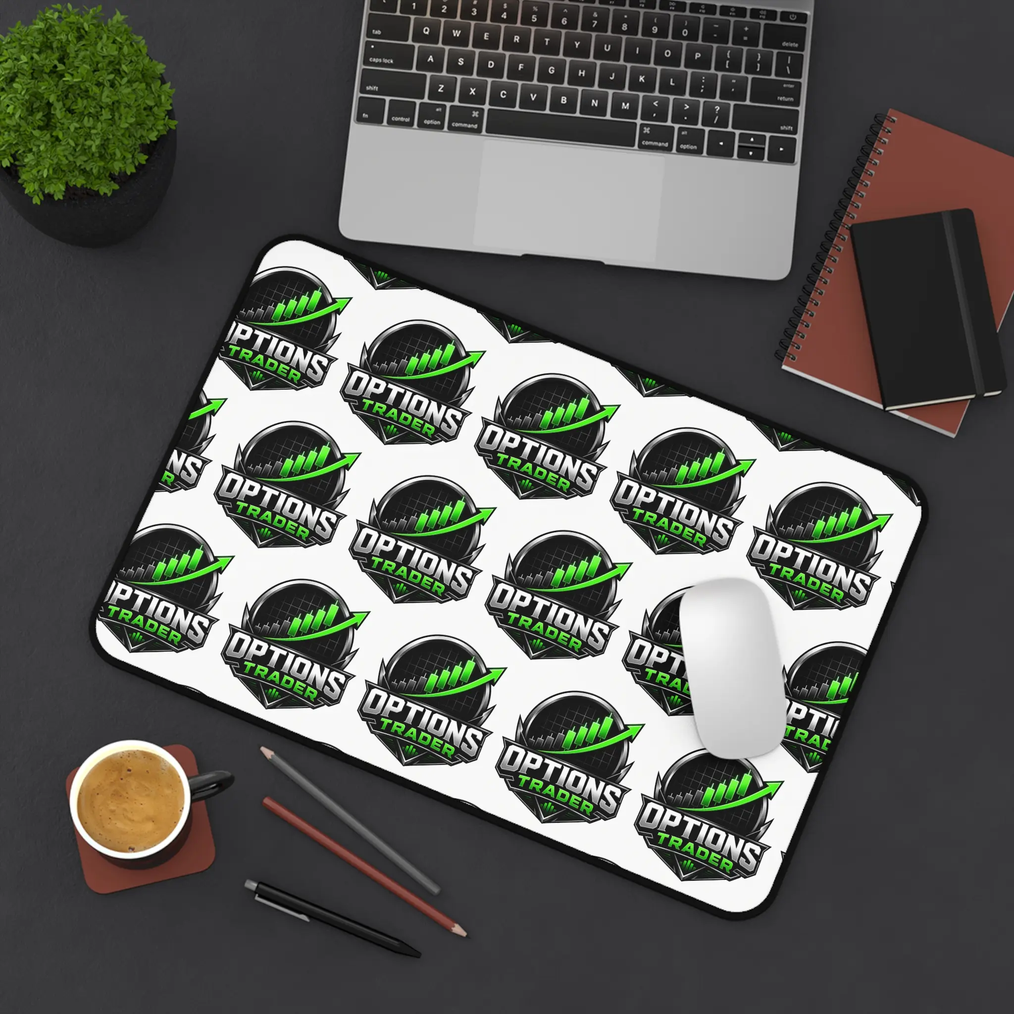 Options Trader Desk Mat | Trading desk mousepad, green arrow stock market design