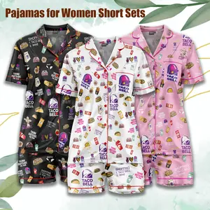 Taco Bell Satin Silk Pajama Set – Soft, Seductive, Short Sleeve Nightwear , Ideal Gift For Mom, Gift For Her