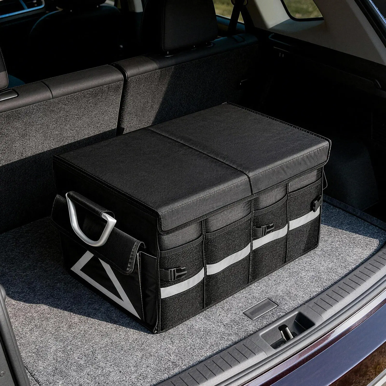 X-Large Black Collapsible Car Trunk Organizer - 1680D Oxford Cargo Organizer Stowing & Tidying, Waterproof, Durable, Multi-Compartment, Folding Hard Cover, Aluminium Alloy Handle, Reflective Strip for Auto, SUV