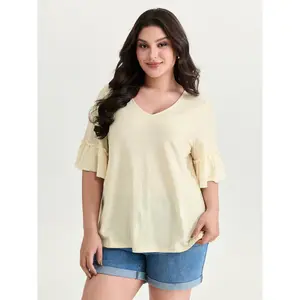 BLOOMCHIC Women's Plus Size Lady Top - Short-Sleeve Textured Ruffled Flowy Spandex Fabric Casual Fit T-Shirt 2026 Summer Vibes