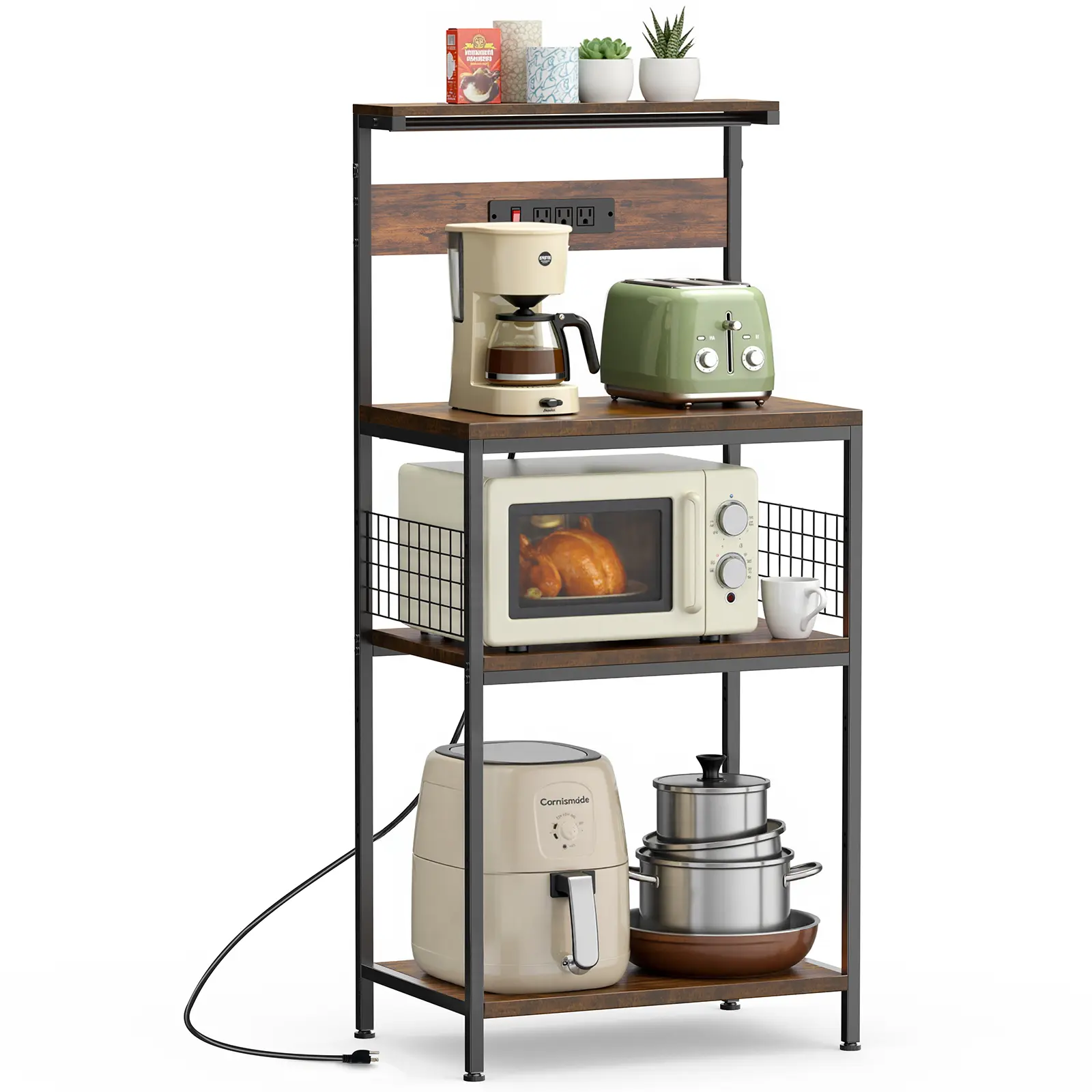 Sweetcrispy 4-Tier Freestanding Baker's Rack with Power Outlet, Adjustable Heavy-Duty Standing Shelf Unit, Home Organizer for Microwave Oven, Spices, Kitchen Pantry, Home Decor