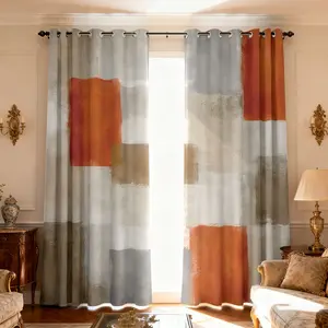 2-piece minimalist artistic curtains Orange gray brown white geometric color block printing filter translucent curtains Window Curtain, suitable for machine washable decorative curtains in living rooms, bedrooms, kitchens, etc.
