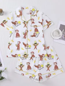 Girls' Cute Monkey Banana Print Short Sleeve Button Shirt and Loose Elastic Shorts Pajama Set, Fashion Casual Home Wear, Fruit Print Pajamas, Pyjama, Fun and Adorable Style