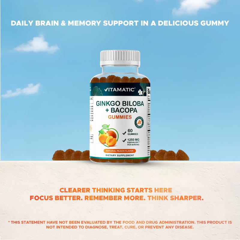 Vitamatic Ginkgo Biloba & Bacopa Gummies - 1250mg Peach Flavor - 60 Vegan Non-GMO Gluten-Free Gummies - Made in USA