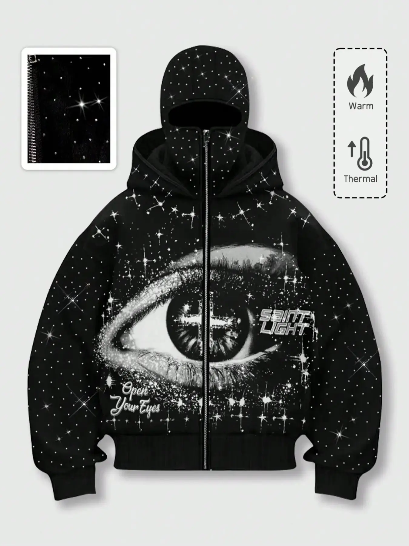 Popular double hood rhinestone street casual men's zipper hoodie eye print sweatshirt two windproof hoods autumn and winter fleece warm men and women trendy brand Y2K jacket men's jacket cool nightclub rock hip-hop music festival zipper sweatshirt