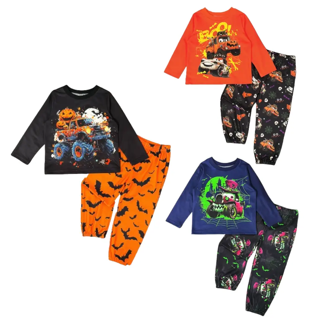 Halloween Monster Trucks Outfit For 9m-6y Boys Pattern Print Long Sleeve Casual Tee Elastic Shorts 2Pcs Winter Boys Outfit 224050117 Birthday Party