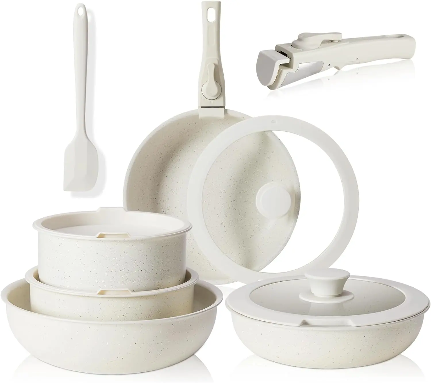 12-Piece Granite Nonstick Cookware Set - Detachable Handles, Space-Saving Stackable Design, Dishwasher Safe, Induction Compatible for Healthy Cooking, Cookware Sets