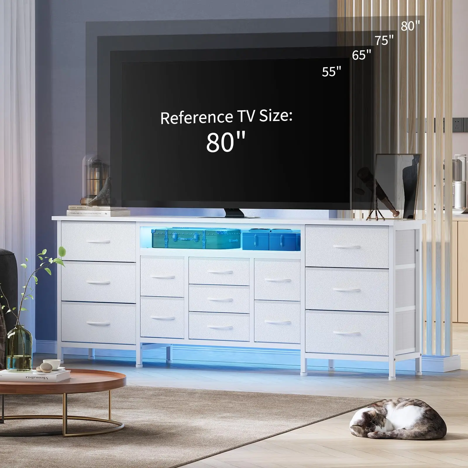 70 Inch Long Dresser with 13 Drawers, TV Stand for 65-80 Inch TV with Charging Station & LED Lights, Fabric Storage Organizer for Living Room, White - TikTok Shop 70 Inch Long Dresser with 13 Drawers, TV Stand for 65-80 Inch TV with Charging Station & LED Lights, Fabric Storage Organizer for Living Room, White - TikTok Shop
