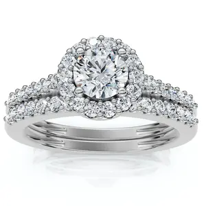 3/4ct Halo Diamond Engagement Wedding Ring Set 14K White Gold