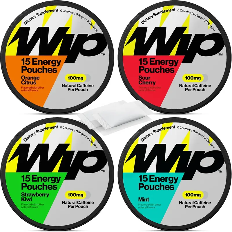 Wip Energy Pouches | 100mg Natural Caffeine | Vitamins and Minerals | 4 Pack Assorted: Sour Cherry, Mint, Orange Citrus, Strawberry Kiwi