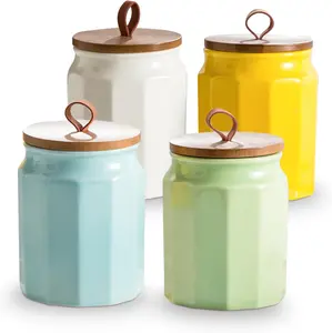 Sturdy, Smooth Ceramic Kitchen Canister Sets with Airtight Wood Lids – Airtight Countertop Containers for Food Storage, Ideal for Coffee, Flour
