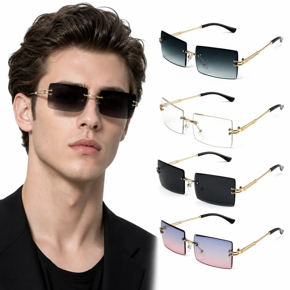 4PCS Metal Frameless Vintage Square Glasses, Rectangle Glasses for Women Men Vintage Rimless Square Glasses