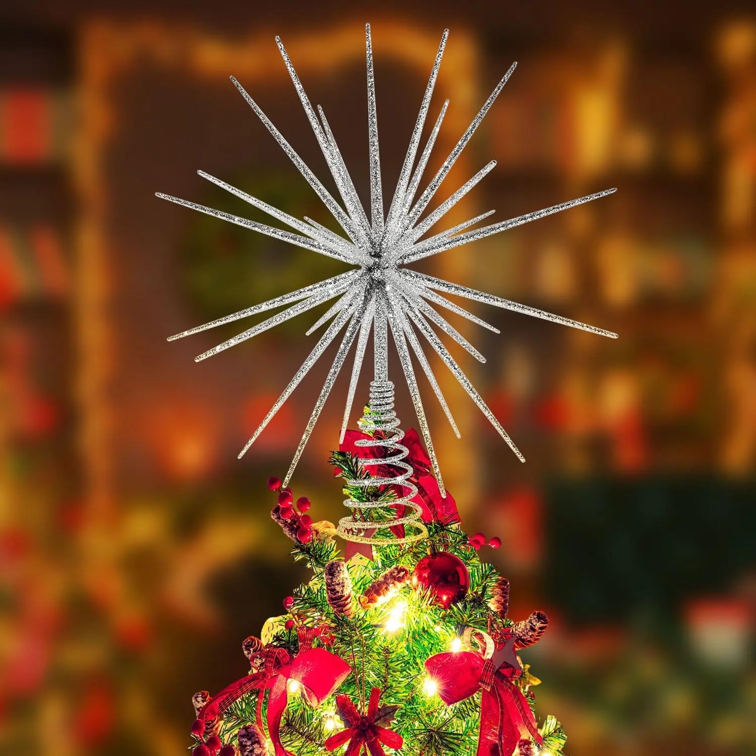 13.7 Inch Silver 3D Burst Exploding Star Christmas Tree Topper Christmas Tree Decorations