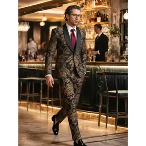 Mens Suit Floral Jacquard Tuxedo Shawl Lapel Slim Fit 2-Piece Blazer with Lined Jacket & Pants Set for Weddings, Prom, Formal Events