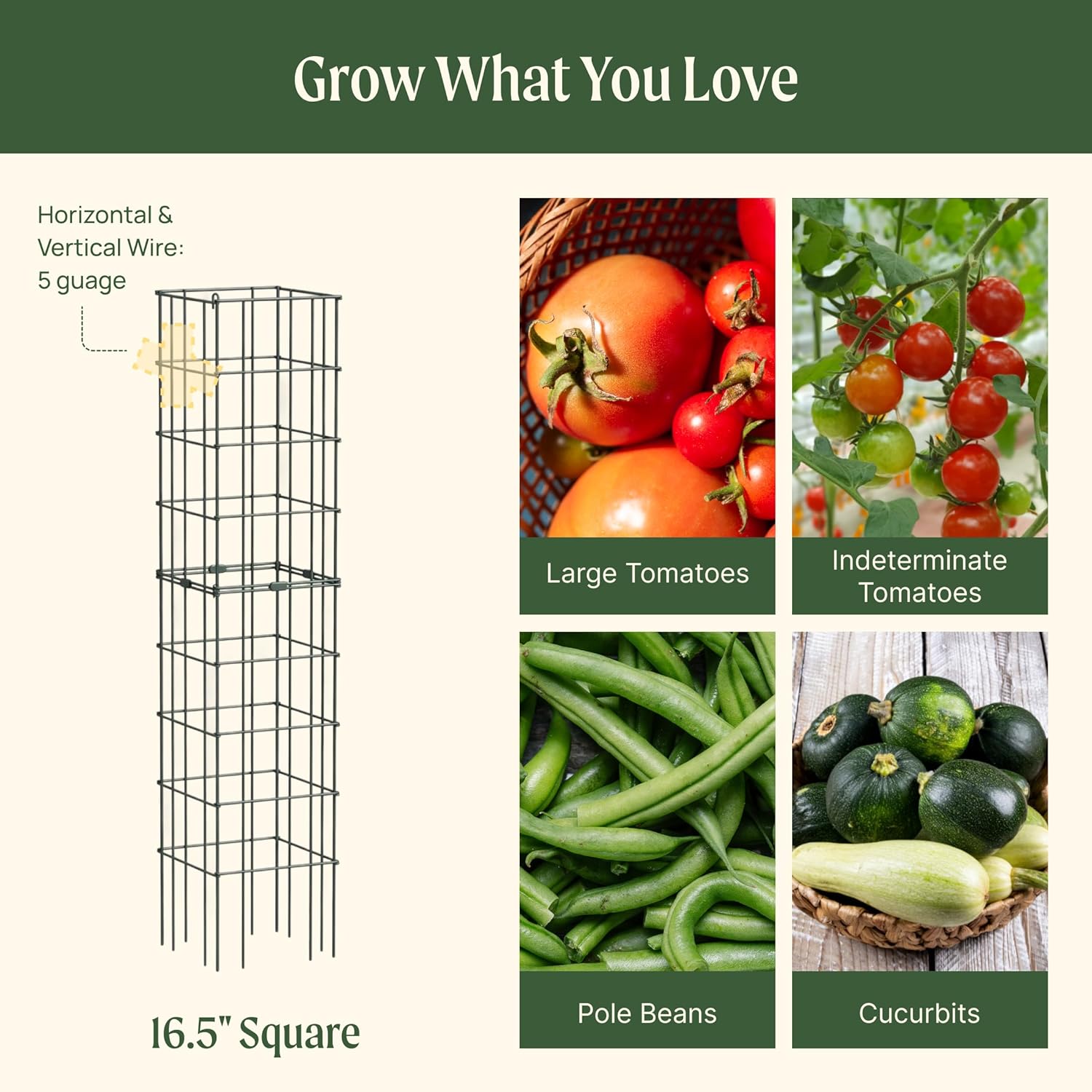 Vego Garden Tomato Cage 16.5" Square Heavy-Duty for Garden & Pots, Rust-Resistant Tomato Stackable Heavy Gauge Plant Cage Trellis Support for Climbing Vegetables Plants