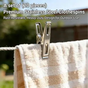 New Durable Stainless Steel Flat Edge Clothes Clips 20 Count, Anti-Slip Heavy Duty Laundry Pins, Waterproof Clamps for Quilt, Sheet, Clothing, Bathroom Balcony Organizer
