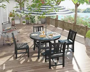 AMERLIFE 5 Piece Outdoor Dining Tables and Chairs, All-Weather HDPE Patio Outdoor Furniture with Umbrella Hole, Round Table for Garden, Backyard, Seaside