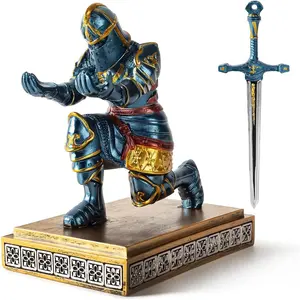 Kneeling Knight Pen Holder with Sword Medieval Warrior Fancy Pencil Stand Office Desk Home Decor for Men Dad Husband Armor Soldier Statue, Blue