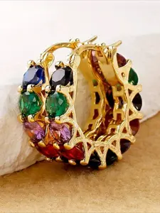 Fashion Colorful Cubic Zirconia Round Hoop, Copper Inlaid Zircon Statement Earrings, Simple Elegant Women's Daily Commute Trendy Jewelry, Versatile Stylish Ear Rings Gift