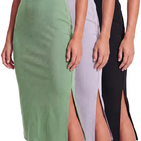 Real Essentials 3 Pack: Women's Midi Ribbed Knit Skirt with Side Slit - Stretchy Work Business Casual Pencil Pull-On Skirts