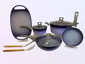 NEWARE bigger PURPLE  TERRACOTTA  10 Piece Cooking Set with GRIDDLE Cookware Lid Aluminium Frying Pan Silicon Stove Wok Silicone Frying Pan