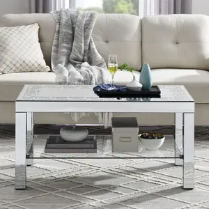 Silver Mirrored Coffee Table, 40" Modern Glass Mirrored Coffee Table with Crystal Inlay, Gorgeous Rectangle Mirror Center Coffee Tables Accent Side for Living Room, Office