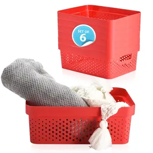 Plastic Storage Bin - Basket Organizer Bins - Suitable as Laundry Bin, Closet Basket, Book Shelf, Pantry Storage - Room Essentials - For Bathroom, Cabinet, & Kitchen - Set of 6 - Red