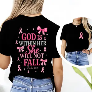 100 Percent Cotton Breast Cancer Awareness T Shirt With Inspirational Bible Verse God Is Within Her She Will Not Fall Psalm 465 Pink Ribbons And Bows Design For Women Spring Summer Wear Perfect Gift For Breast Cancer Survivors And Supporters