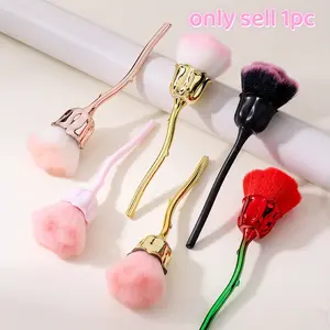 Electroplated Long Handle Rose Shape Nail Brush, Soft Bristles, Single Piece Design, Ideal for Nail Dust Cleaning, Makeup Application
