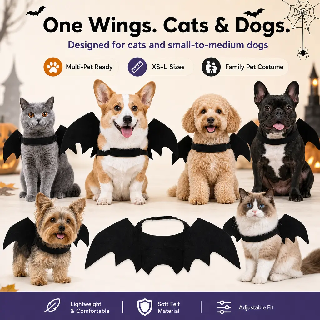 Bat Wings Costume for Cats & Dogs, Adjustable Halloween Pet Costume with Velcro, Lightweight Soft Felt Bat Wing Outfit for Small to Medium Dogs & Cats
