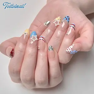 Star Pop Handmade Press-On Nails | Short Almond Shape, 10pcs | Spring Summer Trending Colorful Star Polka Dot Stripe | Y2K Aesthetic & Baddie Nails | High Gloss Mirror Finish | Reusable DIY Manicure Kit for Women Daily Wear | Trendy Cute False Nails