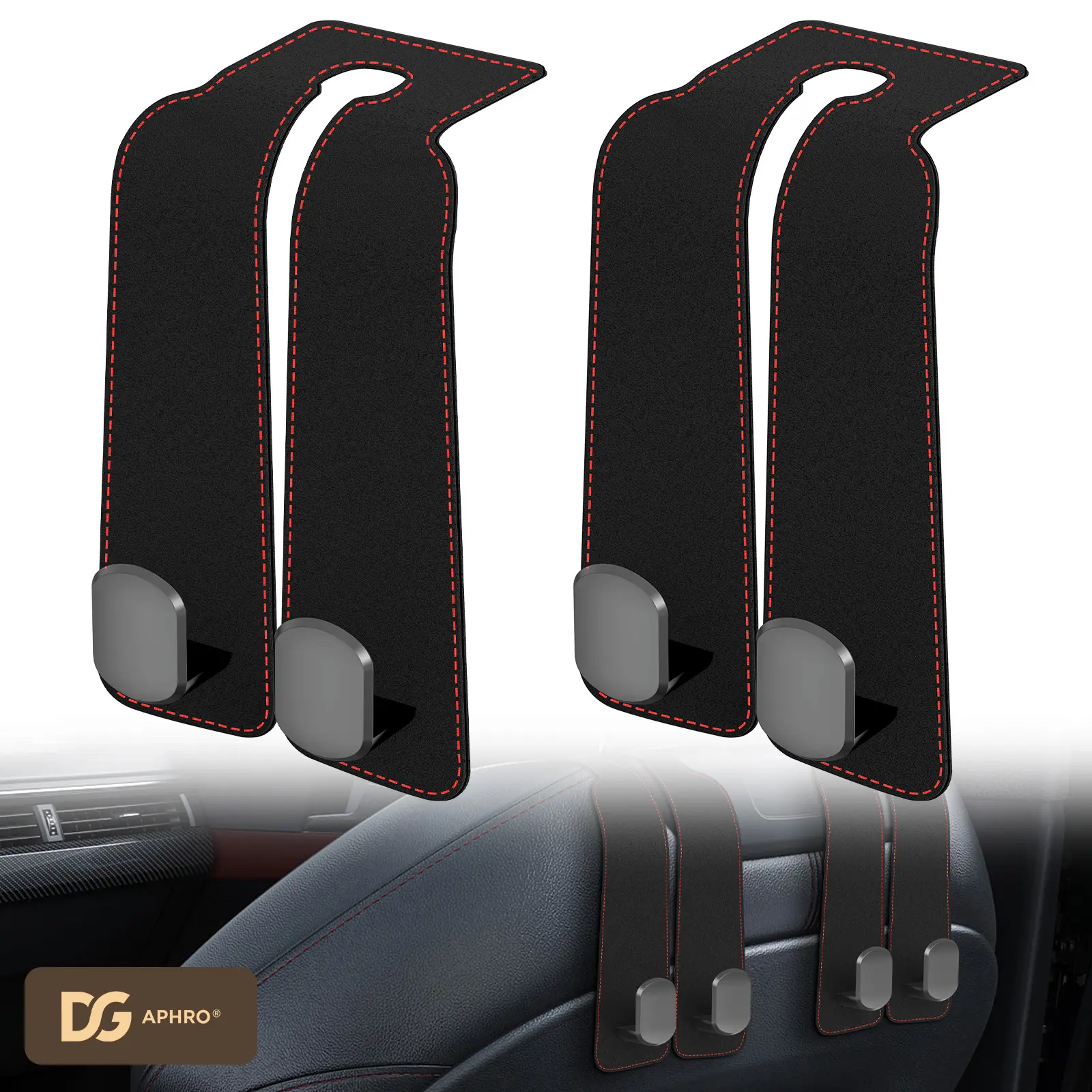 DGAPHRO 2-Pack Premium Leather Car Headrest Hooks - Double-Hook Seat Back Storage Organizer for Purses & Bags, Sturdy Alloy Interior Car Hooks (Black).