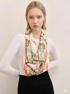 Silk Scarf - Luxury Chinese-Inspired 100% Mulberry Silk Shawl 34.6' x 34.6' (88 cm x 88 cm) Square Wrap "Morning Dew" Pink & Brown Unisex Fan Design Elements