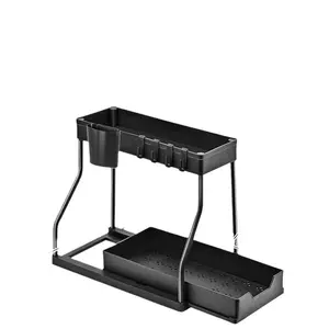 Double-Layer Under Sink Organizer for Efficiently Utilizing Space, High Capacity and Space Saving, 2 Tier Sliding Under Sink shelf with 4 Hooks and a Cup Slot storage rack