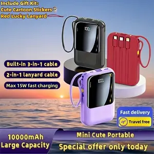 10000mAh 5V2A 5V3A Fast Charging Multifunctional Power Bank,Rechargeable Portable Mobile Phone Charger, Built-in 4 Cables, Ultra-bright LED Lights, Outdoor Travel Battery Packs, Smart Digital Display, Micro & Type-C Input, USB-C Output, for iPhone