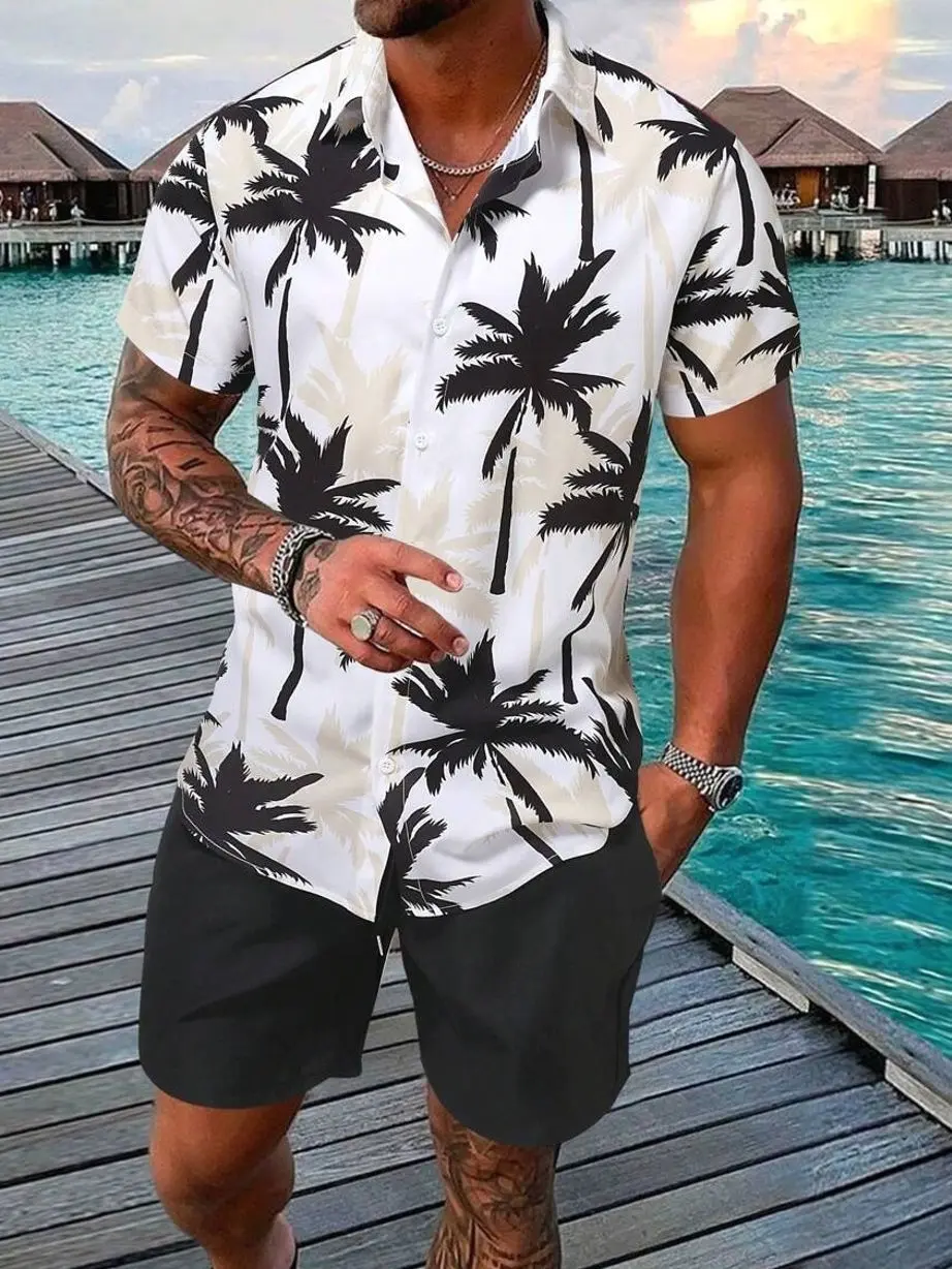Men's Coconut Tree Print Short Sleeve Shirt & Shorts Set - Vacation Beachwear, Casual Summer Outfits