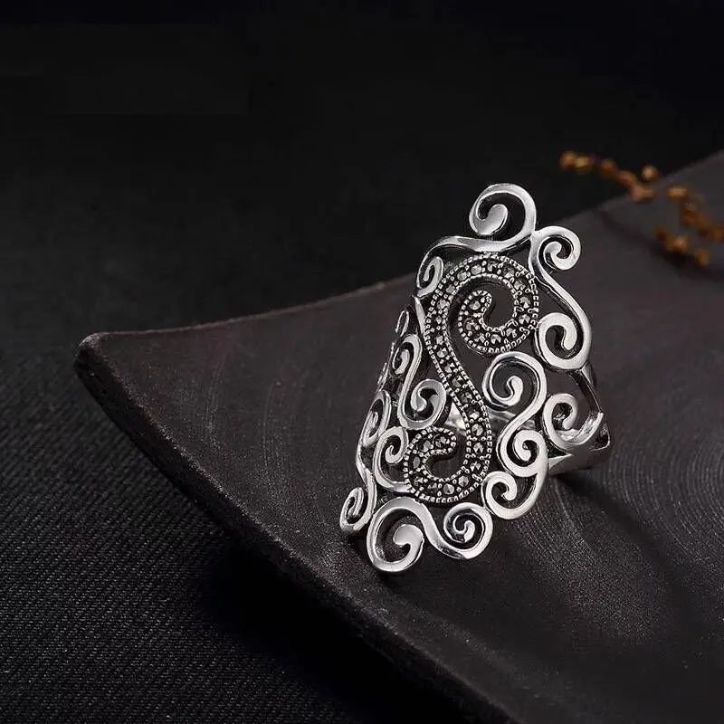 Vintage Court Filigree Ring, Marcasite Swirl Music Note Adjustable Open Band, Gothic Hollow Statement Ring for Women Index & Middle Finger