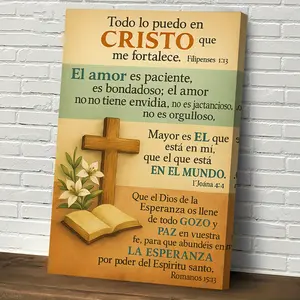 2D Flat, 1 Piece Spanish Bible Verse Canvas Print - Christian Religious Wall Art, with Cross and Floral Bible Patterns - Recycled Wood Frame Decoration Using Philippians 4:6-7 Verses - Church, Home, Office Decoration - Ready-to-Hang Christian Faith Gift,