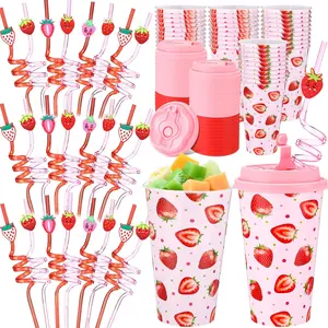 16 Sets Strawberry Party Favors Goodie Cups with Lids and Straws, Reusable 16oz Plastic Candy Cups for Birthday Decorations, Perfect for Birthday Party (Strawberry)