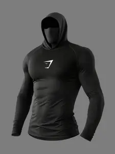 Men's Sunscreen Balaclava Compression Hoodie, Breathable Quick-Dry Long Sleeve Top, Athletic Sports Clothing for Outdoor Sports & Gym Training