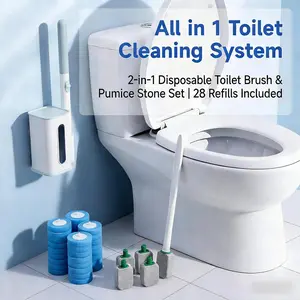 Pumice Stone Toilet Scrubber & Disposable Toilet Brush Combo, 2 Handles, 24 Refills + 4 Scrubbers,  Removes Hard Water Stains,  No-Touch Wand, Wall Mounted Holder