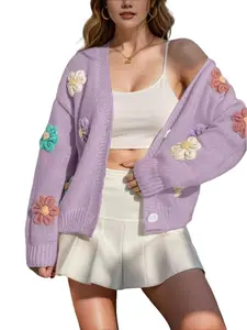 Women's Floral Knit Cardigan, Crochet Small Flower Button Sweater Coat, Early Spring Cafe, Casual Loose-Fitting