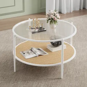 30.7" Round Coffee Table, 2-Tier Tea Table with Rattan Storage Shelf and Metal Frame, Tempered Glass Tabletop, Boho Cocktail Tables Modern Center Table for Living Room, Small Space, Office,Easy Assembly