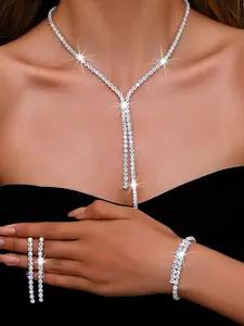 Women's Elegant Glittering Necklace & Dangle Earrings, Exquisite Trendy Teardrop Jewelry Set, Fashionable Accessories for Party & Daily Clothing Decor