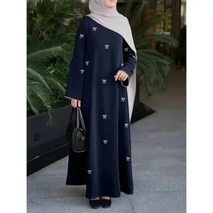 Middle Eastern Muslim Ramadan Elegant Long Dress with Bow Embroidery for Outings, Casual Wear, and Prayer Abaya (Headscarf Not Included)