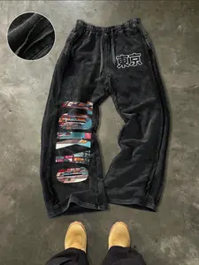 Men's Casual Loose Cotton Sport Pants, Tokyo Pattern Print, Drawstring Waist, Long Regular Fit, Street Style, Ideal for Daily Wear